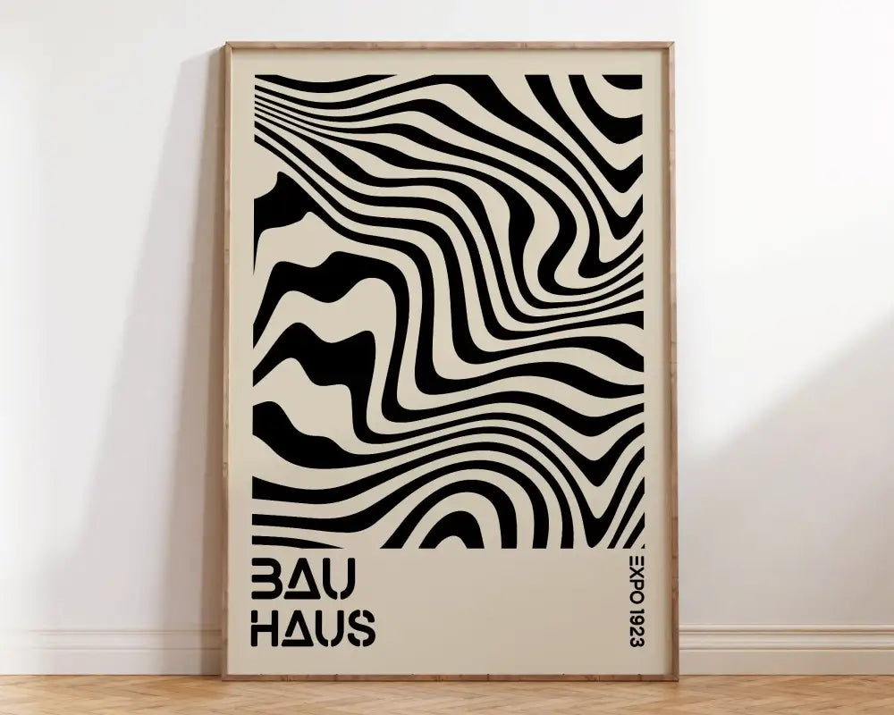 Decorbites™ bauhaus geometric canvas print with bold black and cream wavy stripes for modern home decor