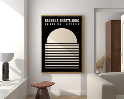 Black and white bauhaus geometric canvas print in light wood frame featuring bold shapes for home decor by DecorBites™