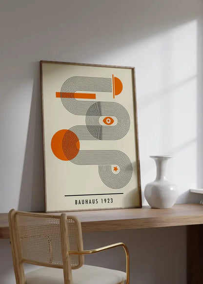 Decorbites™ bauhaus geometric canvas print with orange and black abstract design in light wood frame for home decor