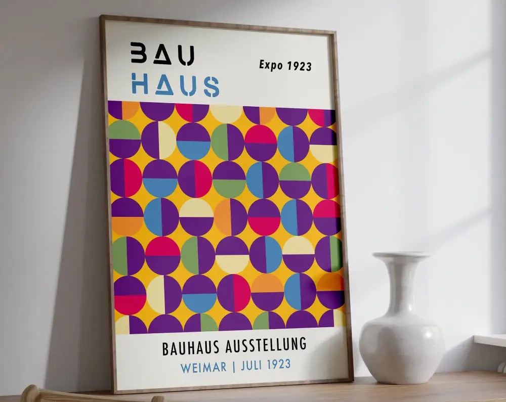 A framed DecorBites™ bauhaus geometric canvas print with vibrant overlapping colored circles for home decor