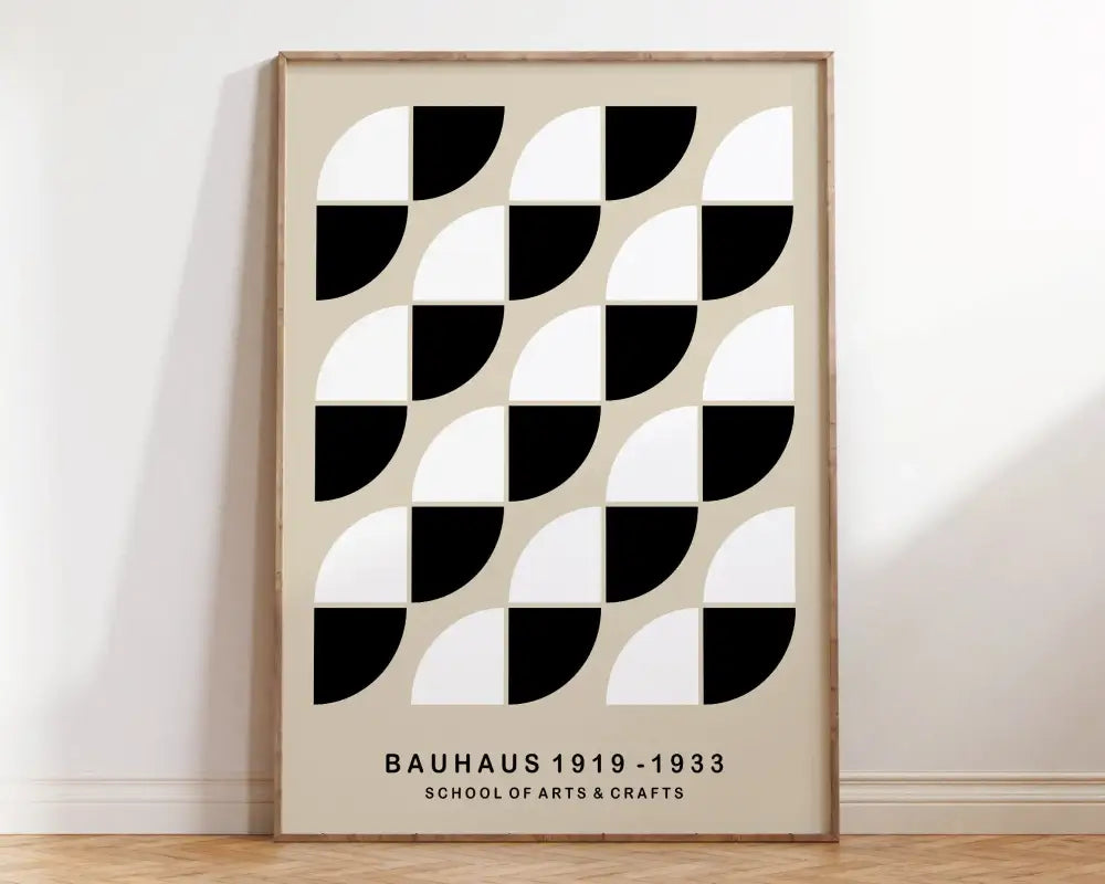 Decorbites bauhaus geometric canvas print featuring black and white semicircles on beige for home decor