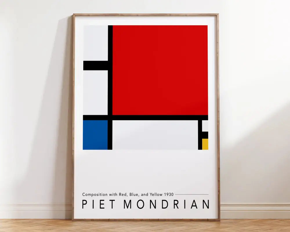 A minimalist framed bauhaus geometric canvas print featuring piet mondrian composition with red blue and yellow for home decor