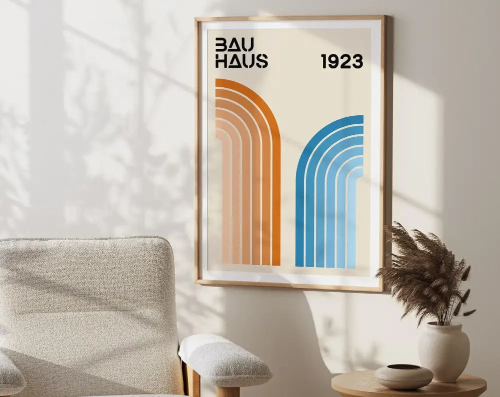 Minimalist framed poster of bauhaus geometric canvas print with orange and blue arches on cream for home decor