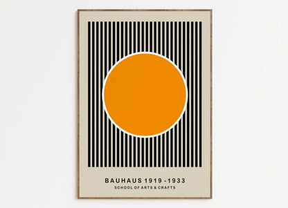 Minimalist bauhaus canvas prints with bold orange circle and black stripes on beige background for home decor by decorbites