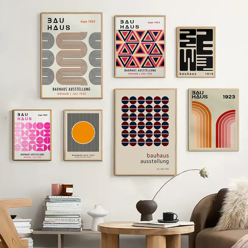 Set of six framed decorbites bauhaus geometric canvas prints featuring bold and muted tones for home decor