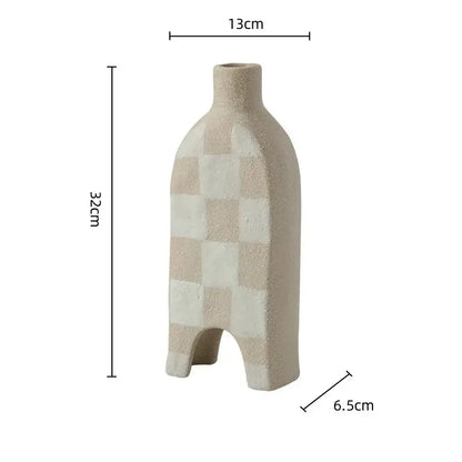 Beige and off-white geometric check ceramic vase with slender neck and three feet for living room decorbites decor