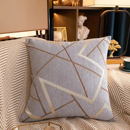 Gray geometric chenille cushion cover with beige and gold thread detailing for teal gray and pink living room decorbites decor