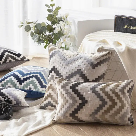 Rectangular throw pillow with textured gray beige and white zigzag pattern in decorbites geometric chenille flocking cushion cover
