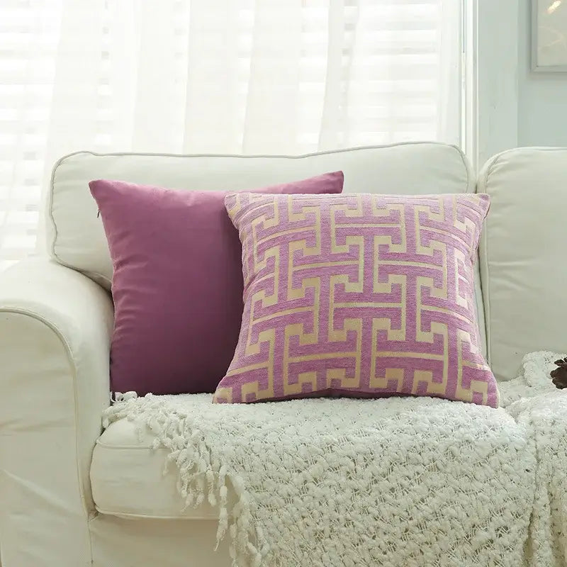 Purple and beige geometric chenille throw pillowcase with textured fabric finish for living room decorbites geometric chenille