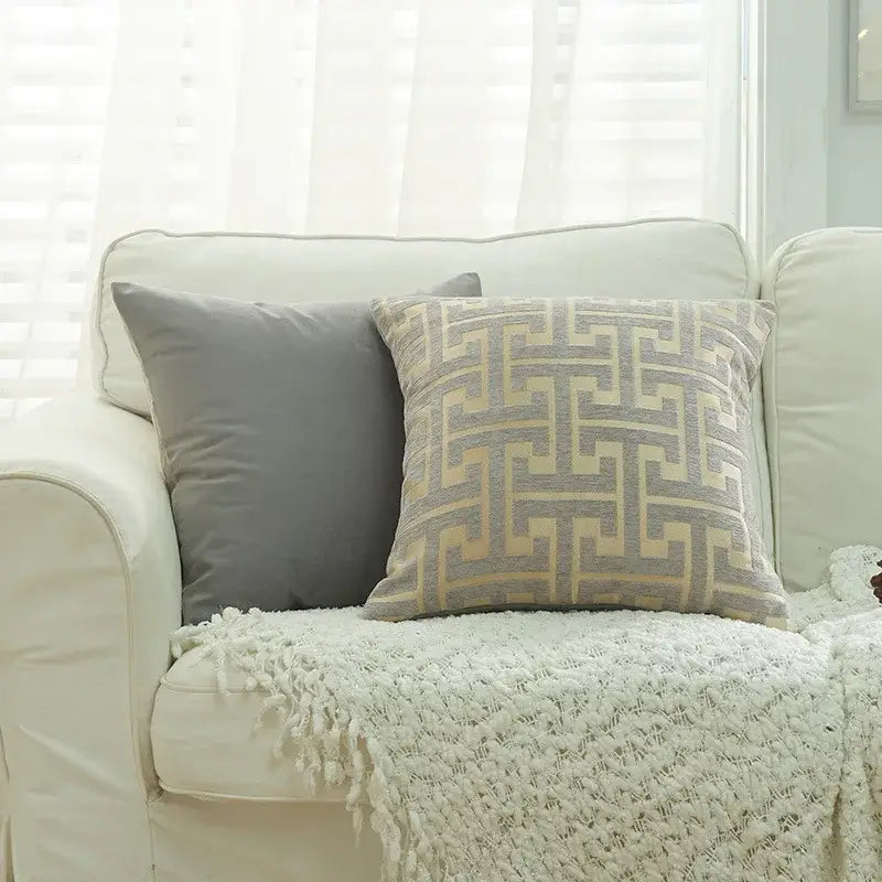 Gray and beige geometric chenille throw pillowcase with textured fabric finish for living room decorbites geometric chenille throw