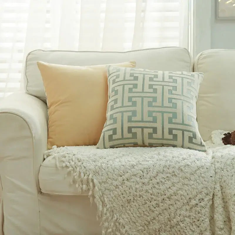 A decorbites geometric chenille throw pillowcase in beige and light blue with a soft fabric texture for living room decor