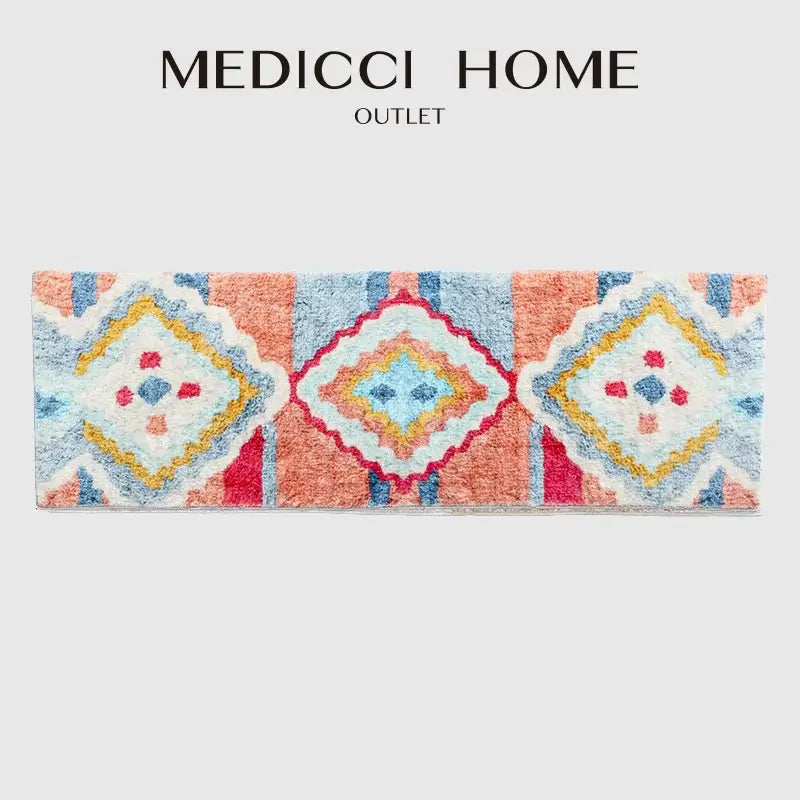 Rectangular plush bath mat with vibrant coral light blue yellow red diamond pattern from medicci home outlet decorbites boho runner