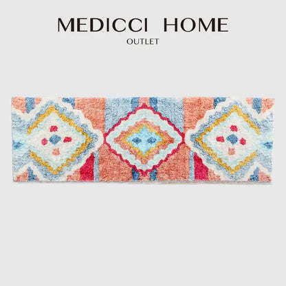 Rectangular plush bath mat with vibrant coral light blue yellow red diamond pattern from medicci home outlet decorbites boho runner