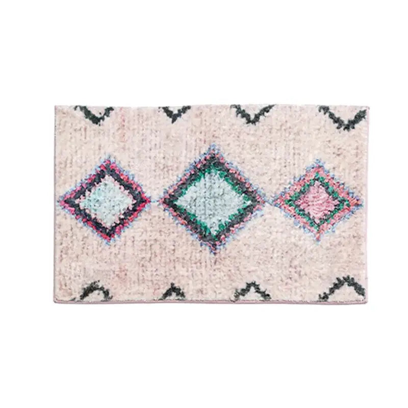 Off-white decorbites boho runner bath mat with textured surface and mint green pink diamond patterns for entryway use