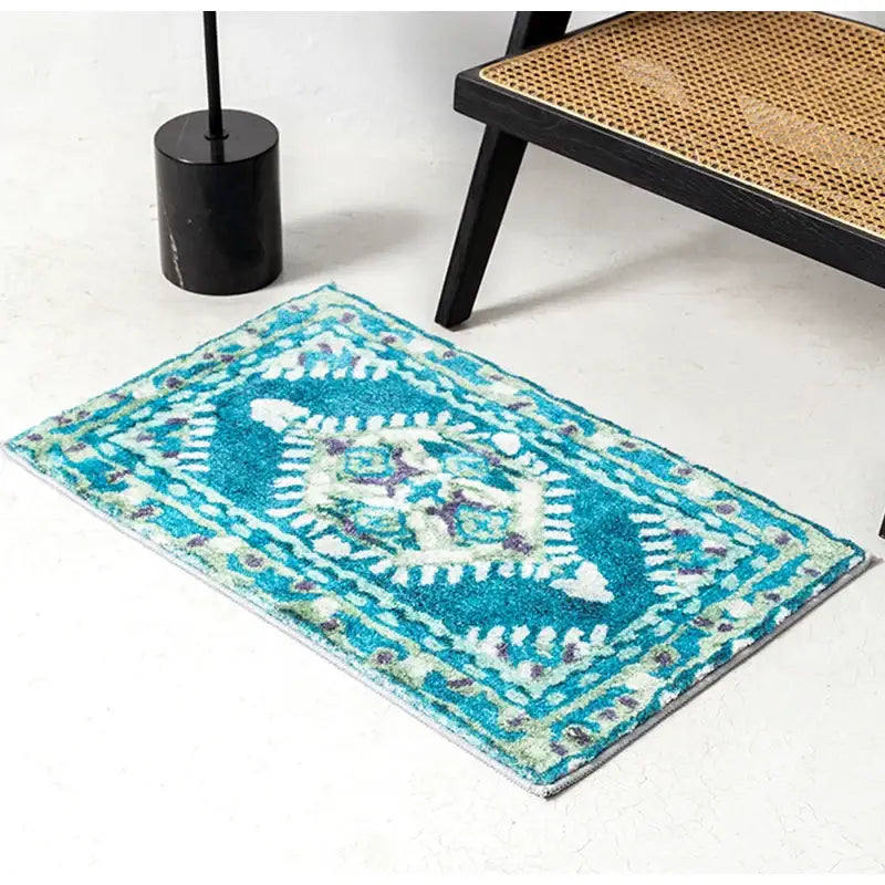 A rectangular teal and white plush shaggy decorbites boho runner rug ideal for entryway door mats