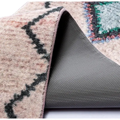 Beige and black geometric patterned decorbites boho runner rug with plush surface and gray non slip backing for entryway