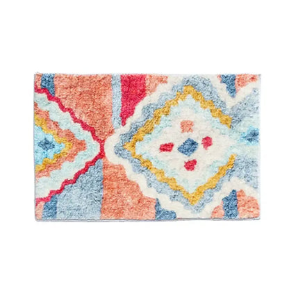 A plush rectangular decorbites boho runner bath mat with vibrant coral blue yellow geometric pattern for entryway use