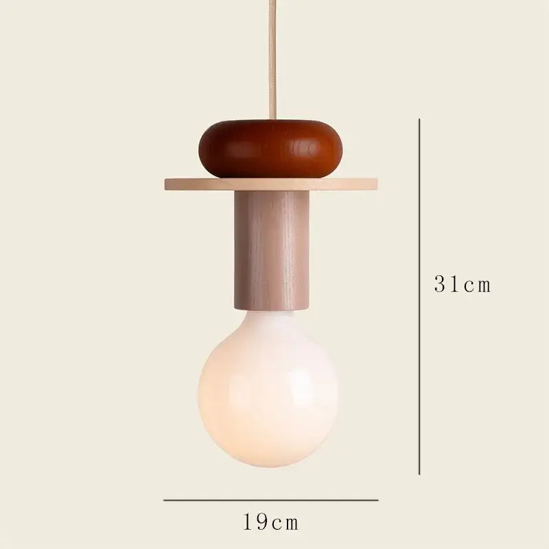 Minimalist led wooden pendant light with warm brown top, natural wood body, and off-white glass bulb for bedroom decorbites