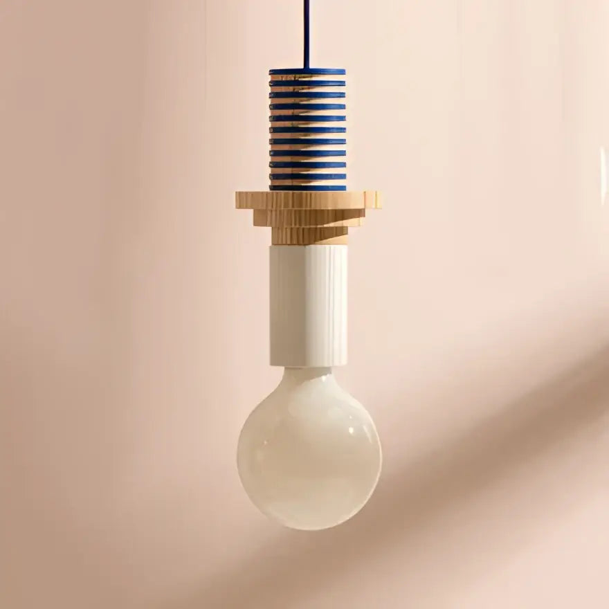 A geometric colorful wooden pendant light with striped blue and white top and clear glass bulb for bedroom decorbites led wooden use