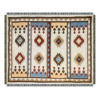 Beige and blue geometric cotton knitted sofa blanket with fringed edges perfect for living room decorbites geometric cotton throw