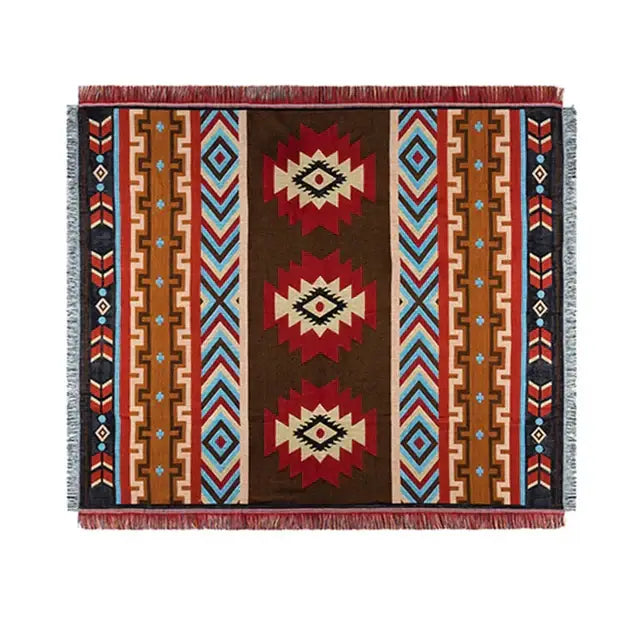 Brown woven geometric cotton knitted sofa blanket with red beige blue and black patterns and fringed edges for decorbites geometric cotton decor