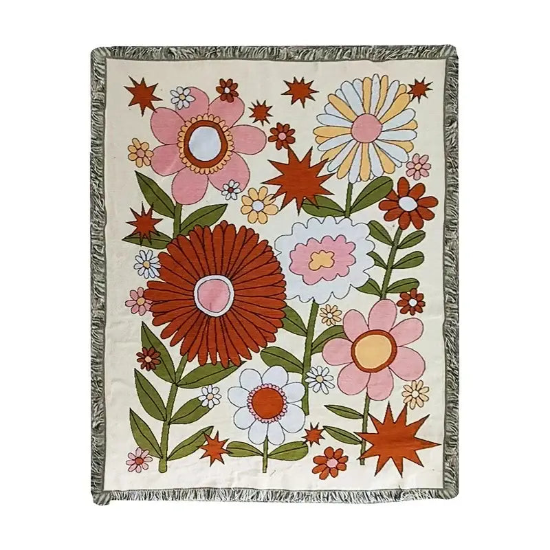Cream-colored geometric cotton knitted sofa blanket with vibrant retro floral pattern for living room decorbites geometric cotton