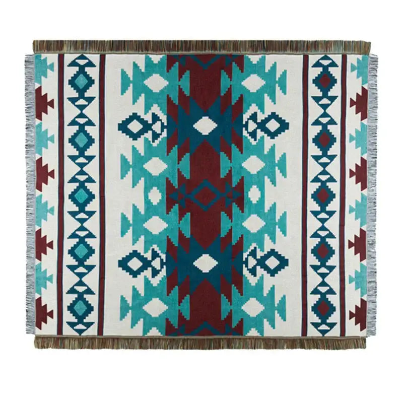 Rectangular decorbites geometric cotton knitted sofa blanket with bold teal maroon pattern and fringed edges for living room decor