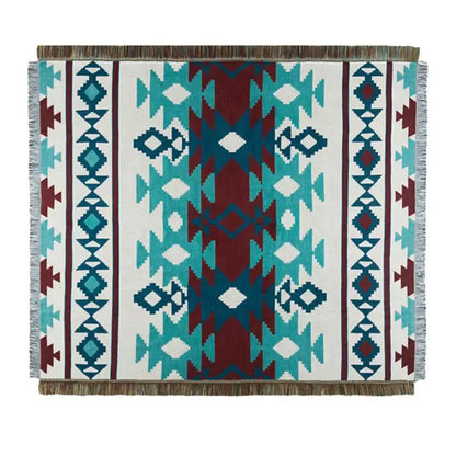 Rectangular decorbites geometric cotton knitted sofa blanket with bold teal maroon pattern and fringed edges for living room decor
