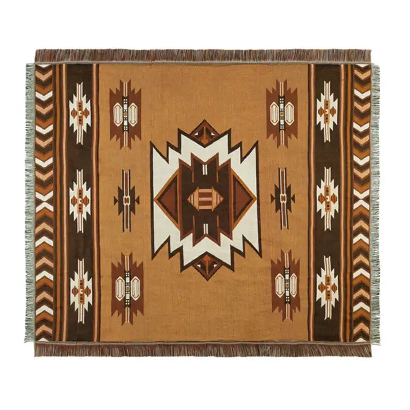 Tan and brown woven cotton knitted sofa blanket with geometric tribal patterns and fringed edges decorbites geometric cotton