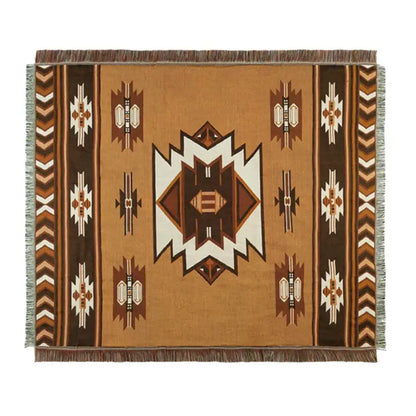 Tan and brown woven cotton knitted sofa blanket with geometric tribal patterns and fringed edges decorbites geometric cotton
