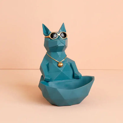 Teal geometric cool cat resin figurine with gold sunglasses and necklace designed as a decorative living room tray decorbites cool cat