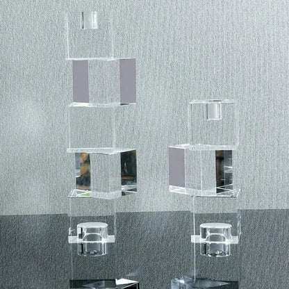 Clear acrylic cube candle holder with mirrored surfaces and cylindrical bases for decorbites geometric crystal glass decor