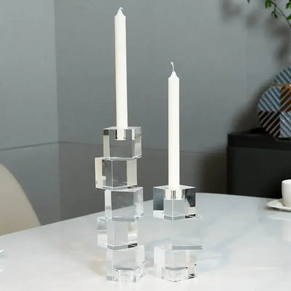 Clear acrylic cube candle holder with white taper candles for living room decorbites geometric crystal glass decor