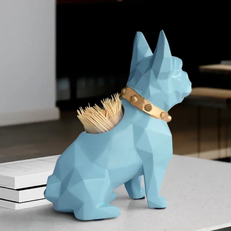 Light blue geometric french bulldog dog resin pen holder with gold collar holding toothpicks desk organizer decorbites dog resin