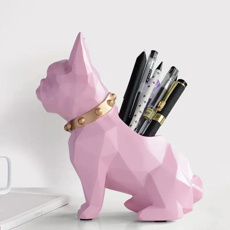 Pink geometric french bulldog dog resin pen holder with gold studded collar desk organizer decorbites dog resin