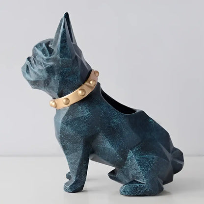 Teal geometric french bulldog dog resin pen holder desk organizer with gold studded collar by decorbites dog resin