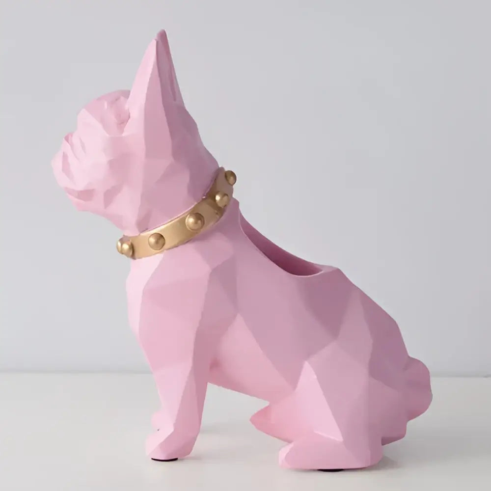 Pink geometric french bulldog figurine with gold studded collar as dog resin pen holder and desk organizer decorbites dog resin