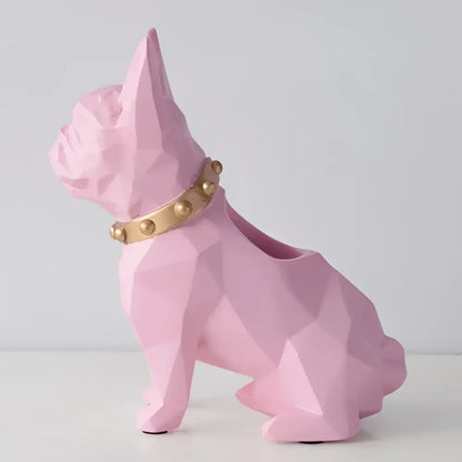 Pink geometric french bulldog figurine with gold studded collar as dog resin pen holder and desk organizer decorbites dog resin