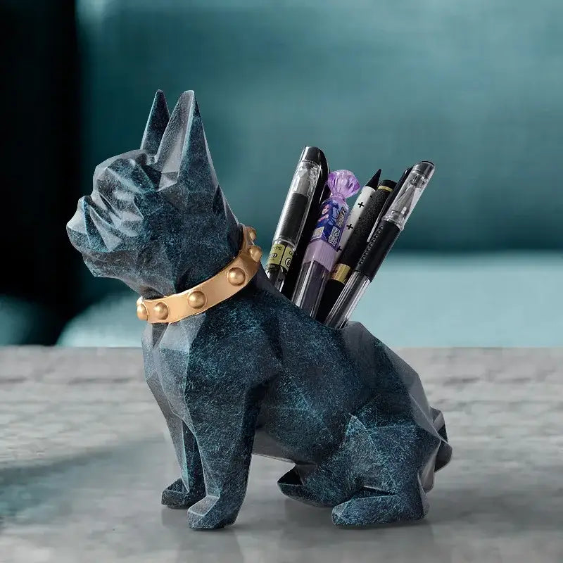 Geometric dark blue dog resin pen holder with gold studded collar desk organizer decorbites dog resin accessory