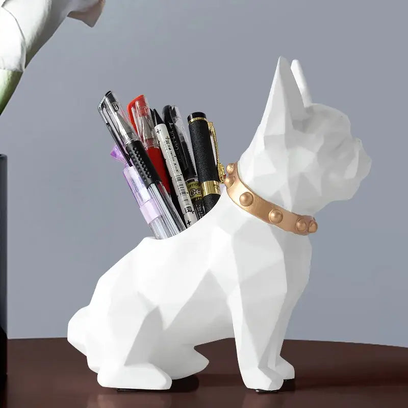 White geometric french bulldog dog resin pen holder with gold collar for decorbites desk organizer and office decor