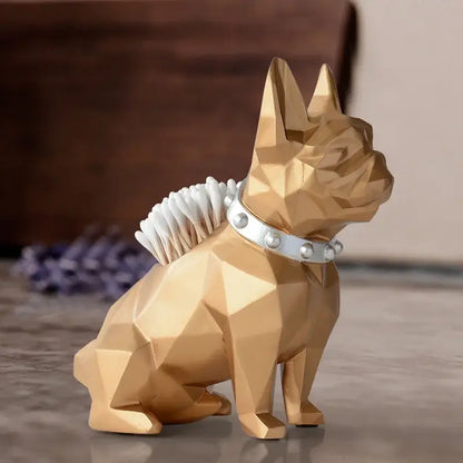 Golden geometric french bulldog dog resin pen holder with silver collar and cotton swabs for desk organizer decorbites dog resin