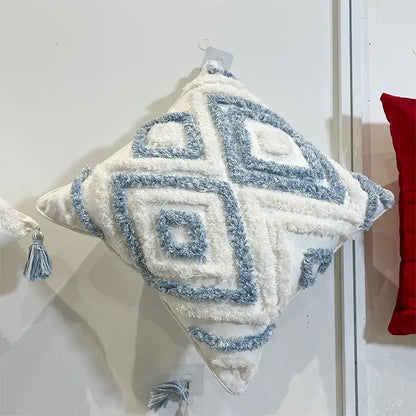 A plush geometric diamond tufted embroidery pillow in blue and white with a textured pattern for living room decorbites geometric diamond