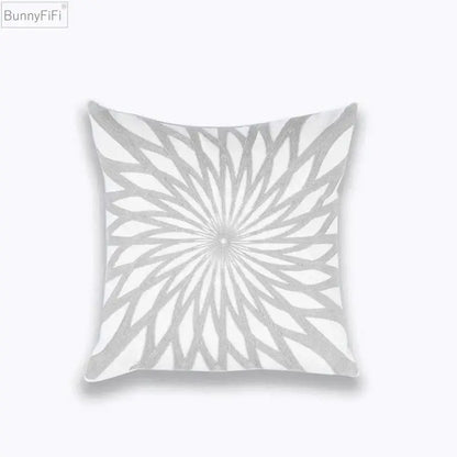 White cotton cushion cover with silver radiating floral pattern featuring decorbites geometric embroidered design for living room