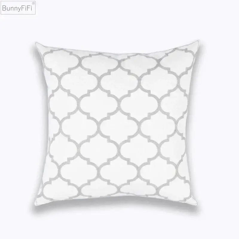 White square cotton cushion cover with geometric embroidered gray quatrefoil pattern for living room decorbites decor