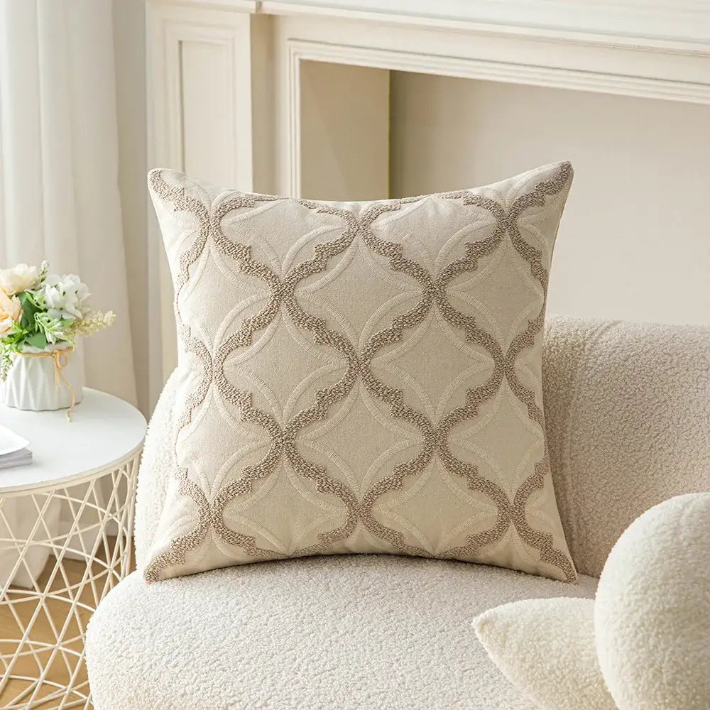Beige square cushion cover with intricate taupe geometric embroidery by decorbites for living room decor