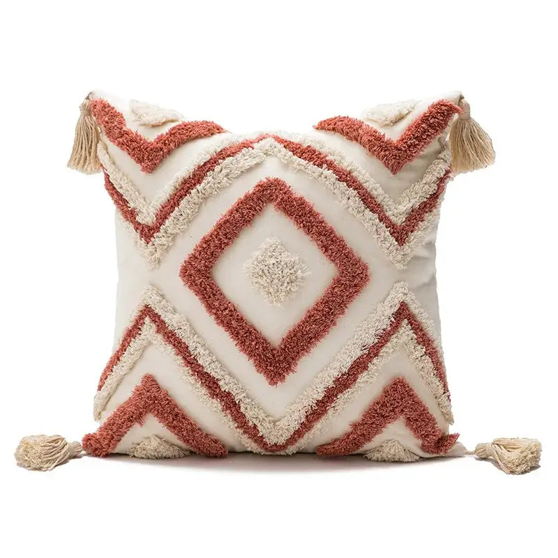 Cream and terracotta geometric embroidery boho cushion cover with tassels for living room decorbites throw pillow