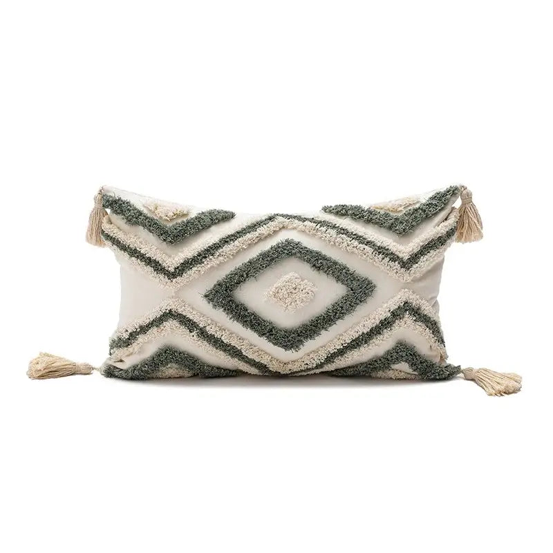 Cream and olive green geometric embroidery boho cushion cover with tassels for living room decorbites throw pillow