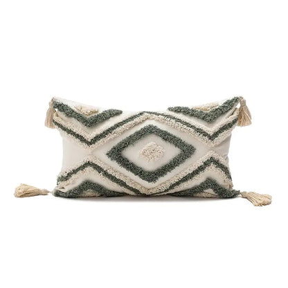 Cream and olive green geometric embroidery boho cushion cover with tassels for living room decorbites throw pillow