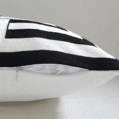 Black and white striped cushion cover with textured fabric featuring decorbites geometric embroidery for living room decor