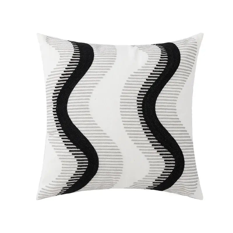 White square cushion cover with bold black wavy embroidery and subtle gray textured lines decorbites geometric embroidery decor